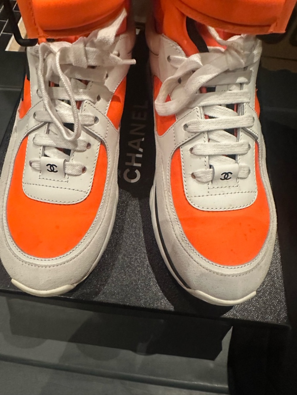 CHANEL Neon Orange and White CC Logo High-Top Sneakers - Picture 5 of 10